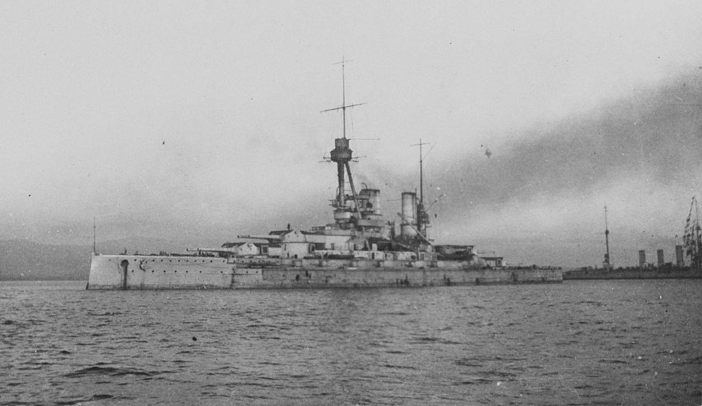 Baden's sister ship, Baden. On the day, she would be successfully beached on Swanbister Bay.