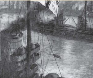 Drawn from HMS Resolution by Douglas MacPherson as the Germans lower the Imperial flag on November 21 1918 (From “1918 The First World War in Photographs: End Game”)